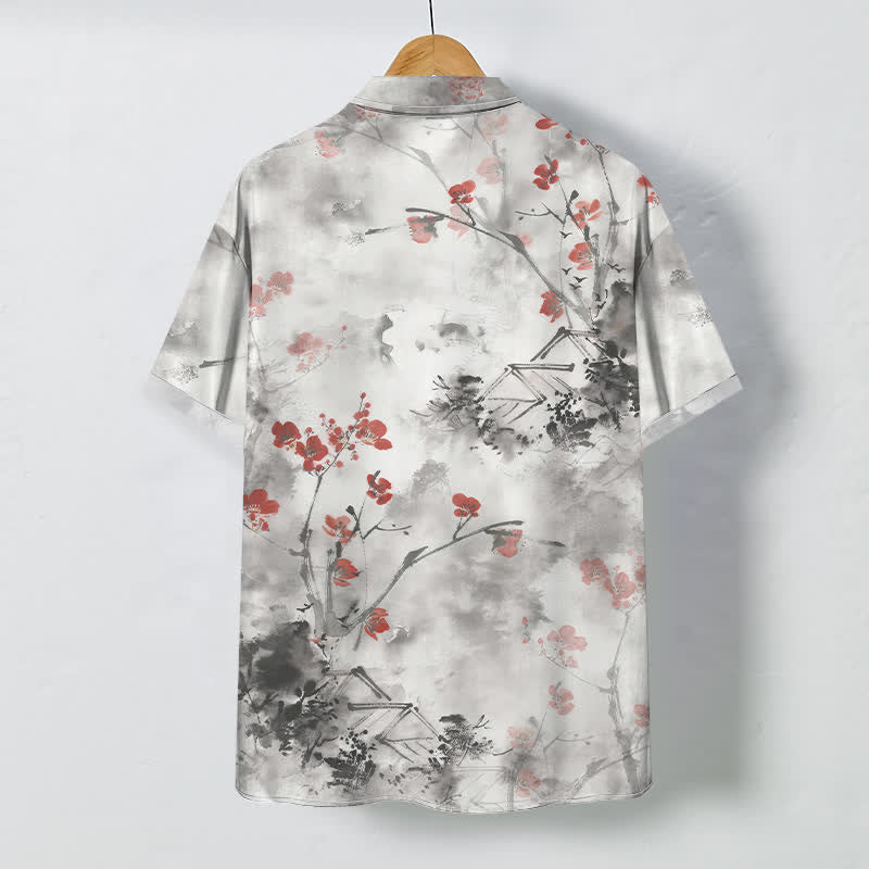 Buddha Stones Camisa transpirable de manga corta para hombre con botones y estampado de ramas florales en color rojo tinta y casas en flor. - image 1