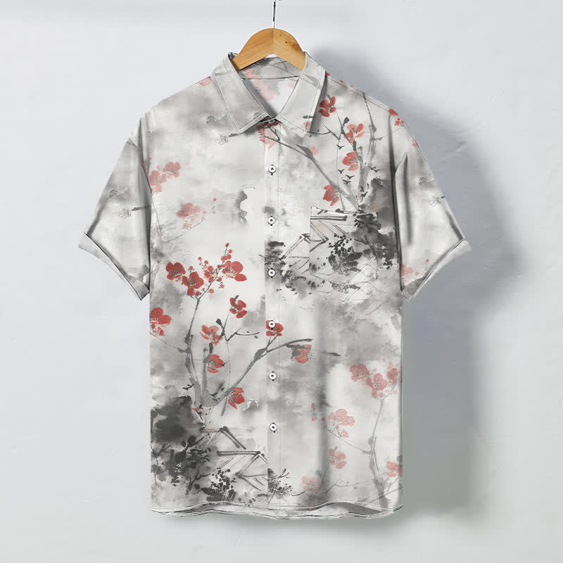 Buddha Stones Camisa transpirable de manga corta para hombre con botones y estampado de ramas florales en color rojo tinta y casas en flor. - Humo blanco - US/UK/AU48, UE58 (4XL) - image 0