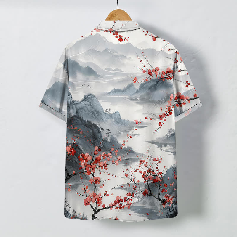 Buddha Stones Camisa transpirable de manga corta para hombre con estampado de paisaje de montañas en flor rojas y botones. - image 1