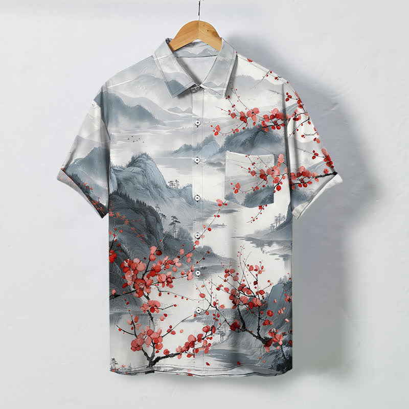 Buddha Stones Camisa transpirable de manga corta para hombre con estampado de paisaje de montañas en flor rojas y botones. - Gris claro - US/UK/AU48, UE58 (4XL) - image 0
