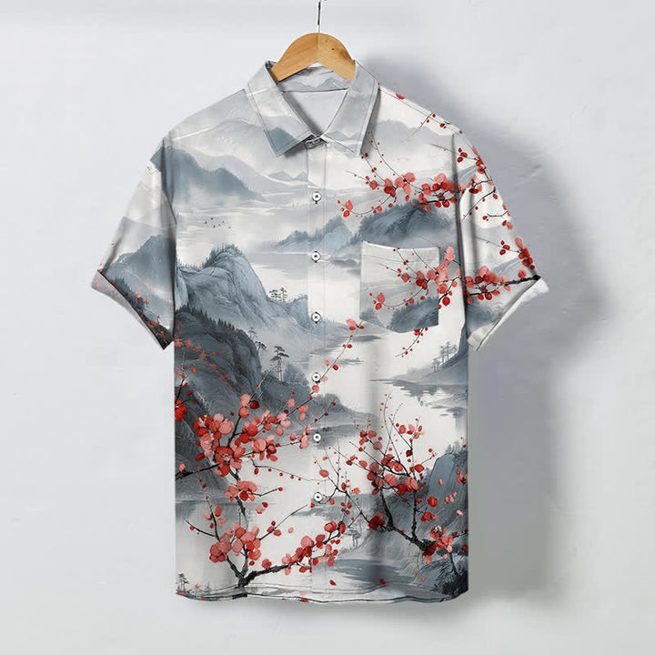 Buddha Stones Camisa transpirable de manga corta para hombre con estampado de paisaje de montañas en flor rojas y botones. - Gris claro - US/UK/AU48, UE58 (4XL) - image 0