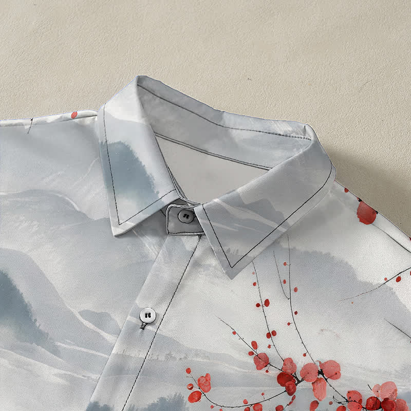 Buddha Stones Camisa transpirable de manga corta para hombre con estampado de paisaje de montañas en flor rojas y botones. - image 2