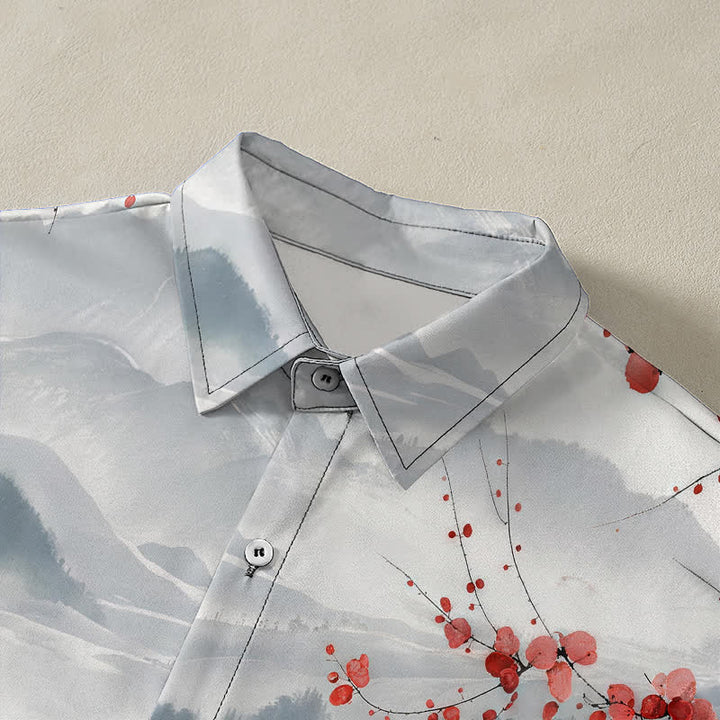 Buddha Stones Camisa transpirable de manga corta para hombre con estampado de paisaje de montañas en flor rojas y botones. - image 2