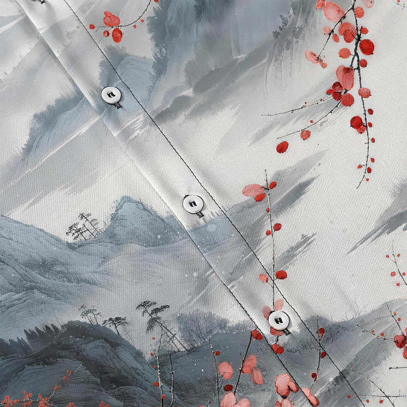 Buddha Stones Camisa transpirable de manga corta para hombre con estampado de paisaje de montañas en flor rojas y botones. - image 3