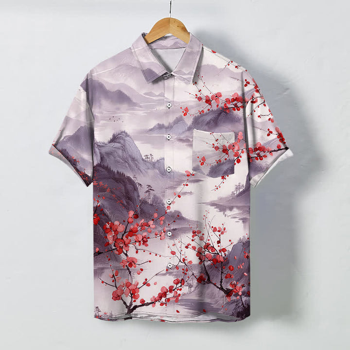 Buddha Stones Camisa transpirable de manga corta para hombre con estampado de paisaje de montañas en flor rojas y botones. - Ciruela - US/UK/AU48, UE58 (4XL) - image 5