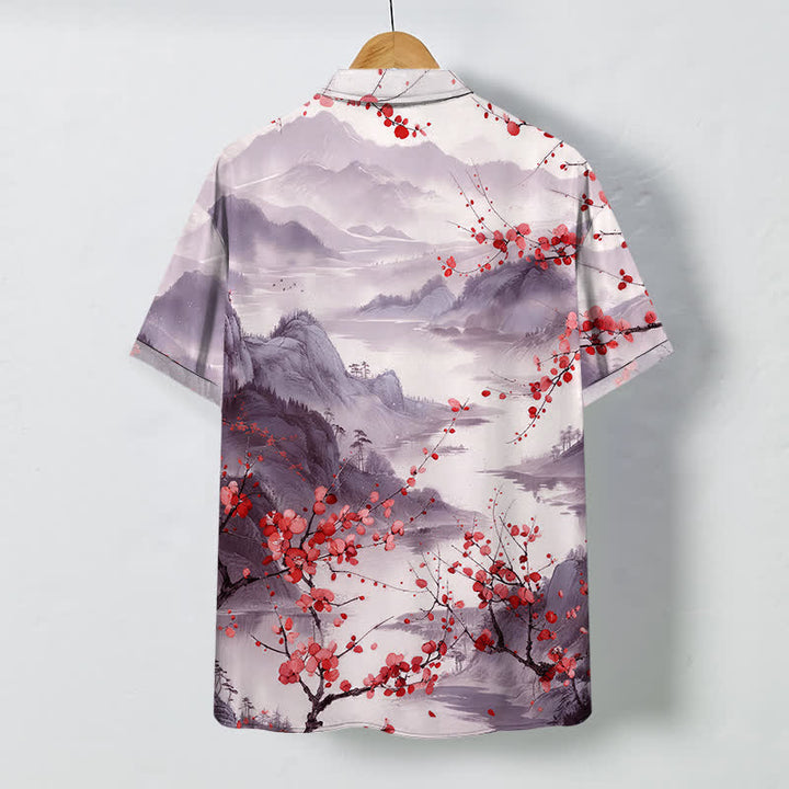 Buddha Stones Camisa transpirable de manga corta para hombre con estampado de paisaje de montañas en flor rojas y botones. - image 6