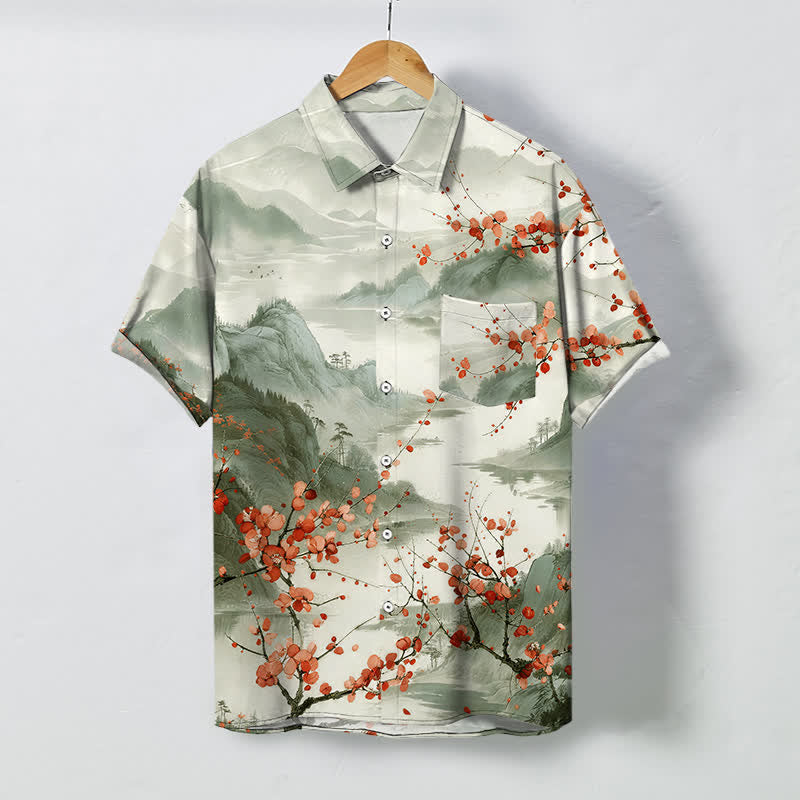Buddha Stones Camisa transpirable de manga corta para hombre con estampado de paisaje de montañas en flor rojas y botones. - Gotas de miel - US/UK/AU48, UE58 (4XL) - image 7