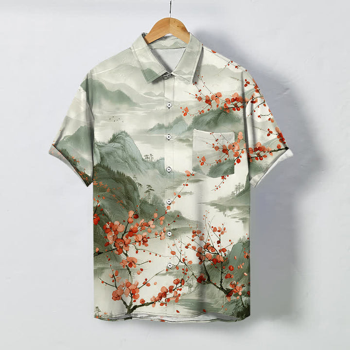 Buddha Stones Camisa transpirable de manga corta para hombre con estampado de paisaje de montañas en flor rojas y botones. - Gotas de miel - US/UK/AU48, UE58 (4XL) - image 7