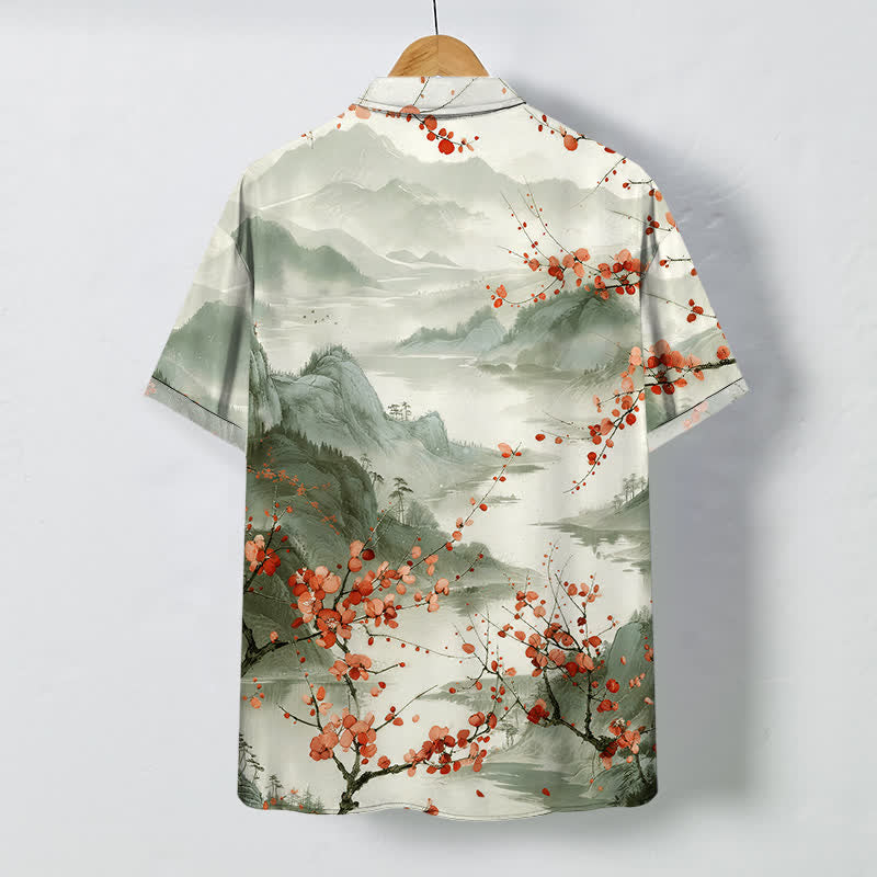 Buddha Stones Camisa transpirable de manga corta para hombre con estampado de paisaje de montañas en flor rojas y botones. - image 8