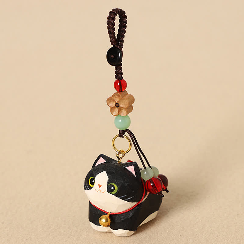 Buddha Stones Llaveros de madera natural tallados a mano con forma de gato tumbado, Om Mani Padme Hum Peace - Flor de ciruelo del gato negro - image 3