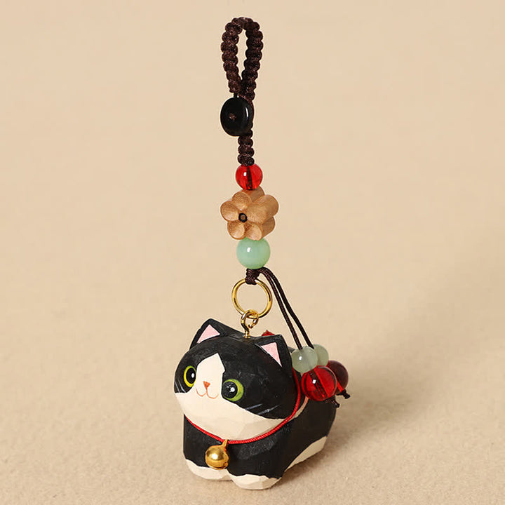 Buddha Stones Llaveros de madera natural tallados a mano con forma de gato tumbado, Om Mani Padme Hum Peace - Flor de ciruelo del gato negro - image 3