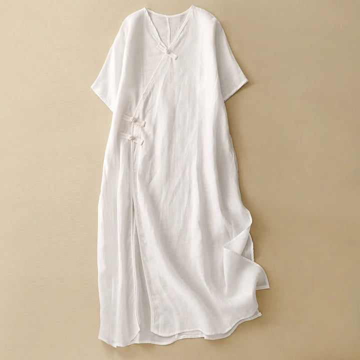 Vestido midi de verano para mujer de algodón y lino con cuello en V y botones de rana, manga corta y estampado de Buddha Stones - Blanco - US8-10，UK/AU12-14，EU40-42 (2XL) - image 9