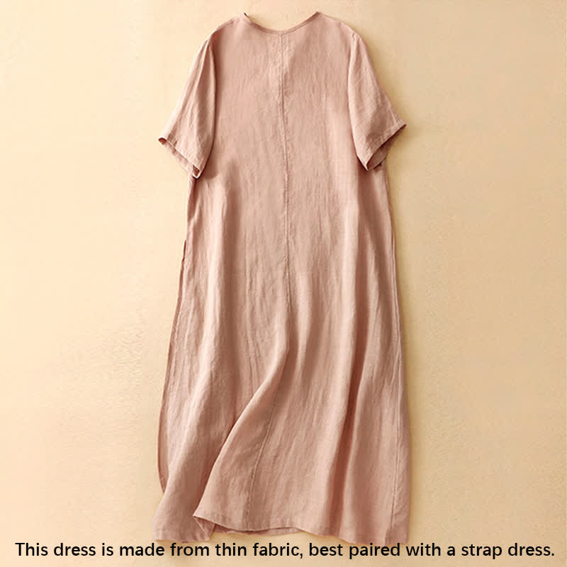 Vestido midi de verano para mujer de algodón y lino con cuello en V y botones de rana, manga corta y estampado de Buddha Stones - image 1