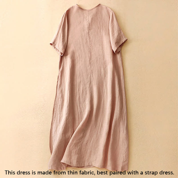 Vestido midi de verano para mujer de algodón y lino con cuello en V y botones de rana, manga corta y estampado de Buddha Stones - image 1
