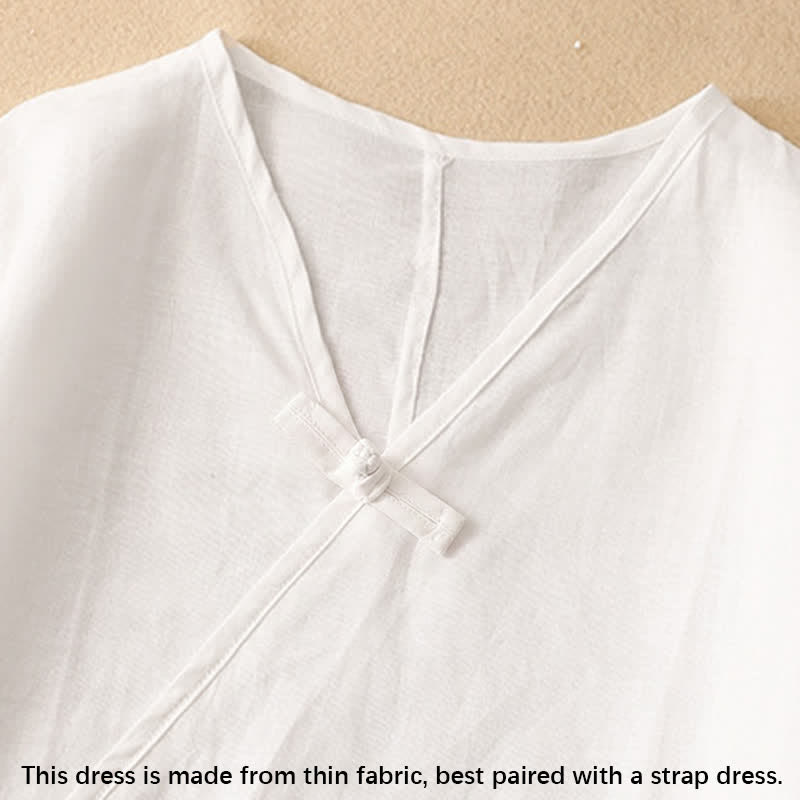 Vestido midi de verano para mujer de algodón y lino con cuello en V y botones de rana, manga corta y estampado de Buddha Stones - image 10
