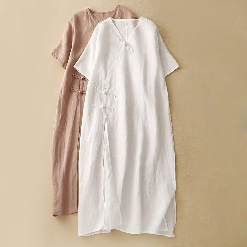 Vestido midi de verano para mujer de algodón y lino con cuello en V y botones de rana, manga corta y estampado de Buddha Stones - image 16