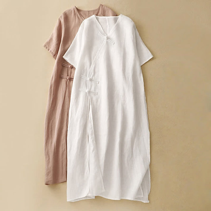 Vestido midi de verano para mujer de algodón y lino con cuello en V y botones de rana, manga corta y estampado de Buddha Stones - image 16