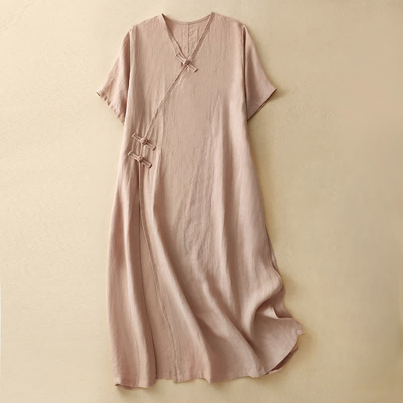 Vestido midi de verano para mujer de algodón y lino con cuello en V y botones de rana, manga corta y estampado de Buddha Stones - Rosa Misty - US8-10，UK/AU12-14，EU40-42 (2XL) - image 0
