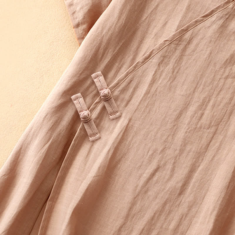 Vestido midi de verano para mujer de algodón y lino con cuello en V y botones de rana, manga corta y estampado de Buddha Stones - image 4