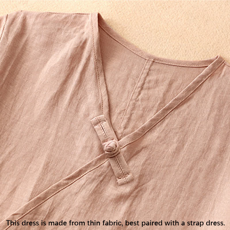 Vestido midi de manga corta con cuello en V y botones de rana para mujer , Buddha Stones. - image 3