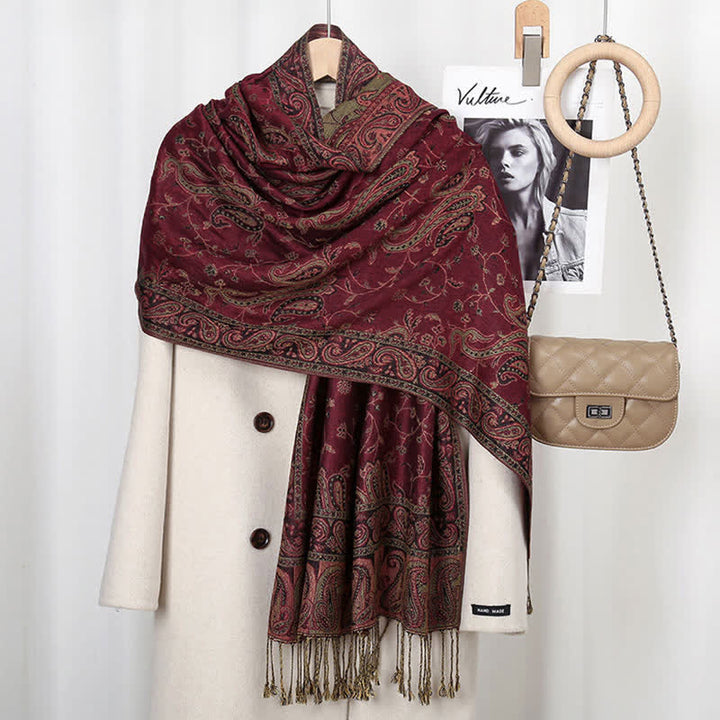 Chal con borlas y estampado de flores de anacardo tibetano con Buddha Stones para otoño e invierno, bufanda suave - Rojo oscuro - image 8