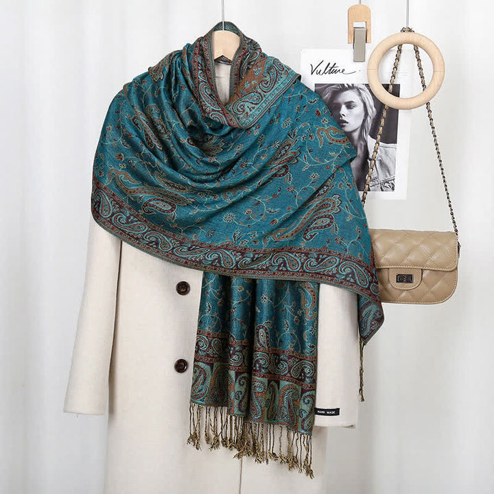 Chal con borlas y estampado de flores de anacardo tibetano con Buddha Stones para otoño e invierno, bufanda suave - Cian - image 10