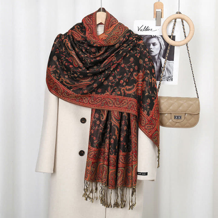 Chal con borlas y estampado de flores de anacardo tibetano con Buddha Stones para otoño e invierno, bufanda suave - Marrón rojo - image 3