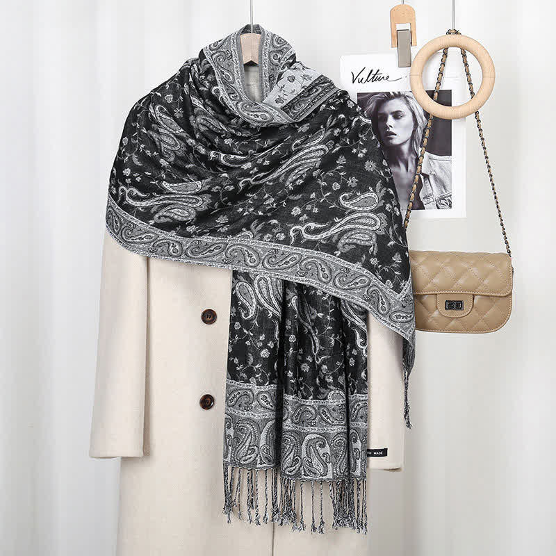 Chal con borlas y estampado de flores de anacardo tibetano con Buddha Stones para otoño e invierno, bufanda suave - Gris negro - image 5