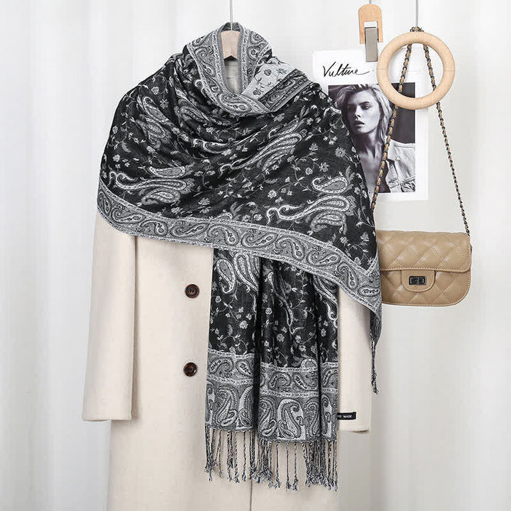 Chal con borlas y estampado de flores de anacardo tibetano con Buddha Stones para otoño e invierno, bufanda suave - Gris negro - image 5