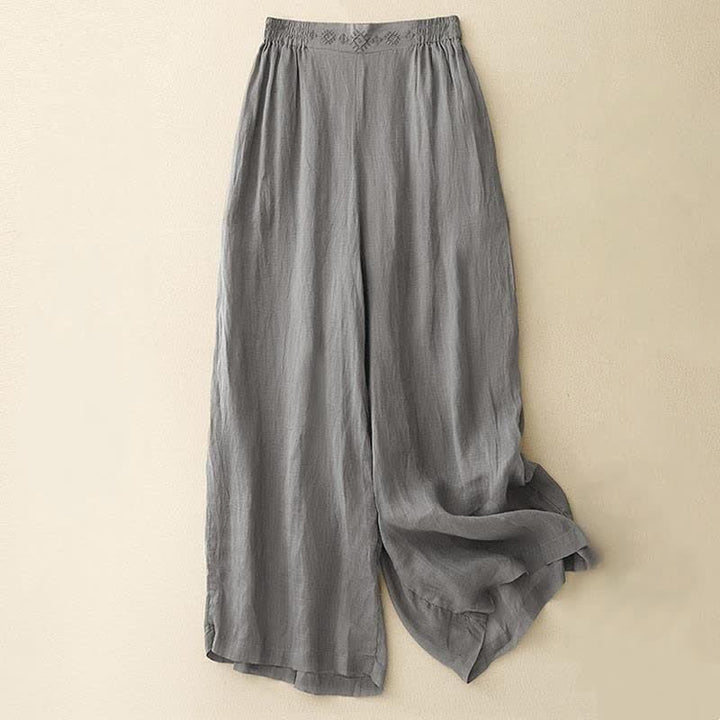 Pantalones anchos de lino y algodón para mujer con cintura elástica y bordado geométrico de Buddha Stones y bolsillos. - Gris - US12, UK/AU16, EU44 (2XL) - image 6