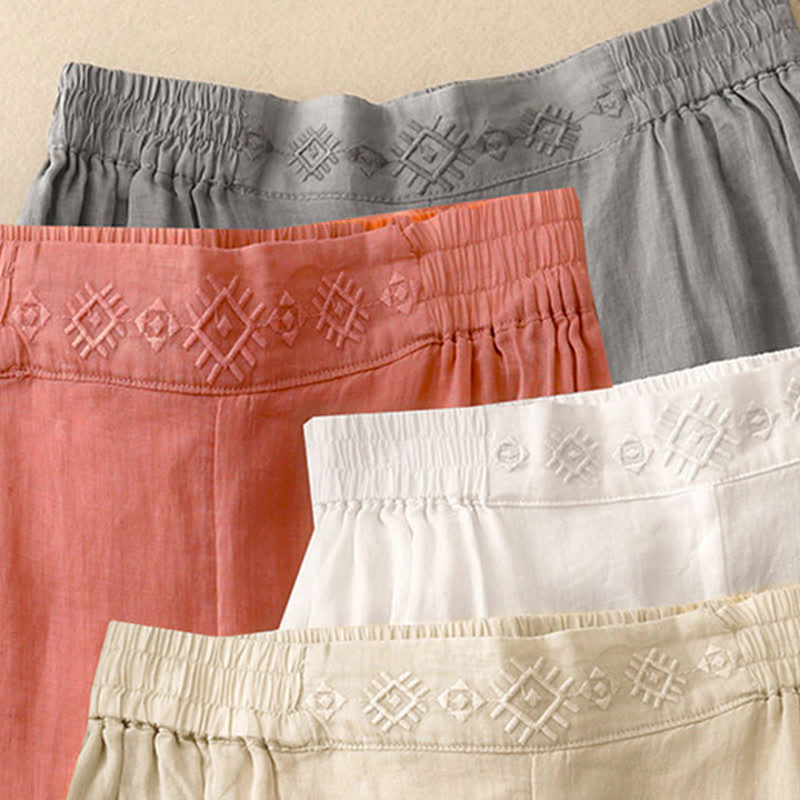Pantalones anchos de lino y algodón para mujer con cintura elástica y bordado geométrico de Buddha Stones y bolsillos. - image 26