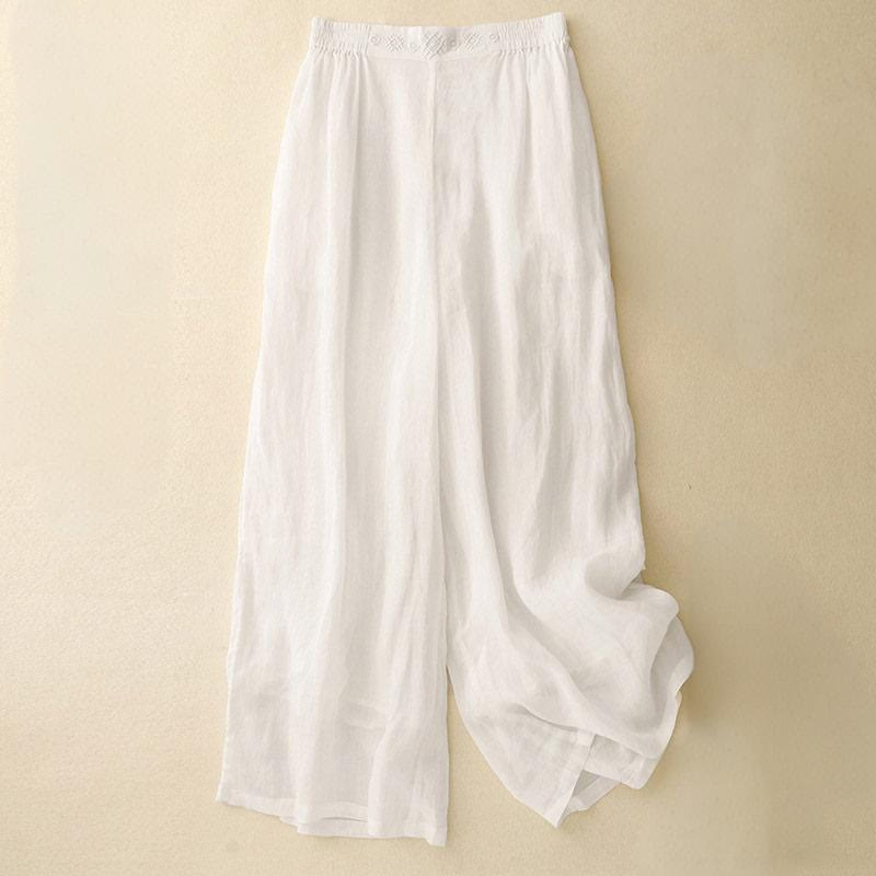 Pantalones anchos de lino y algodón para mujer con cintura elástica y bordado geométrico de Buddha Stones y bolsillos. - Blanco - US12, UK/AU16, EU44 (2XL) - image 20