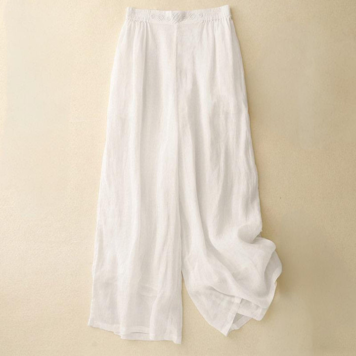 Pantalones anchos de lino y algodón para mujer con cintura elástica y bordado geométrico de Buddha Stones y bolsillos. - Blanco - US12, UK/AU16, EU44 (2XL) - image 20
