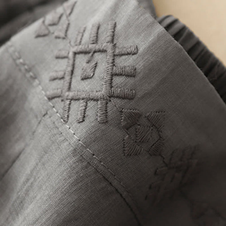 Pantalones anchos de lino y algodón para mujer con cintura elástica y bordado geométrico de Buddha Stones y bolsillos. - image 10