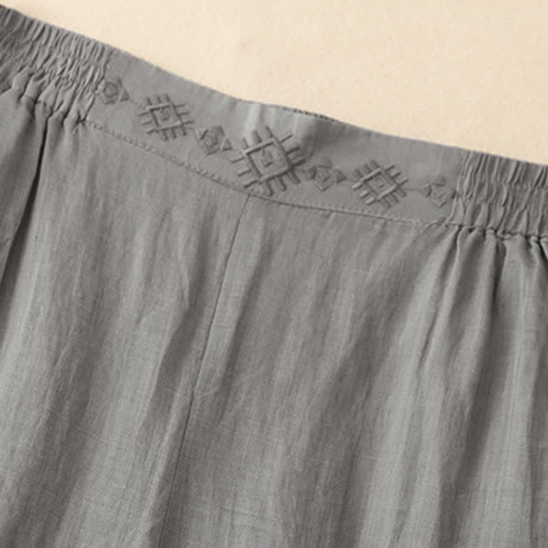 Pantalones anchos de lino y algodón para mujer con cintura elástica y bordado geométrico de Buddha Stones y bolsillos. - image 9