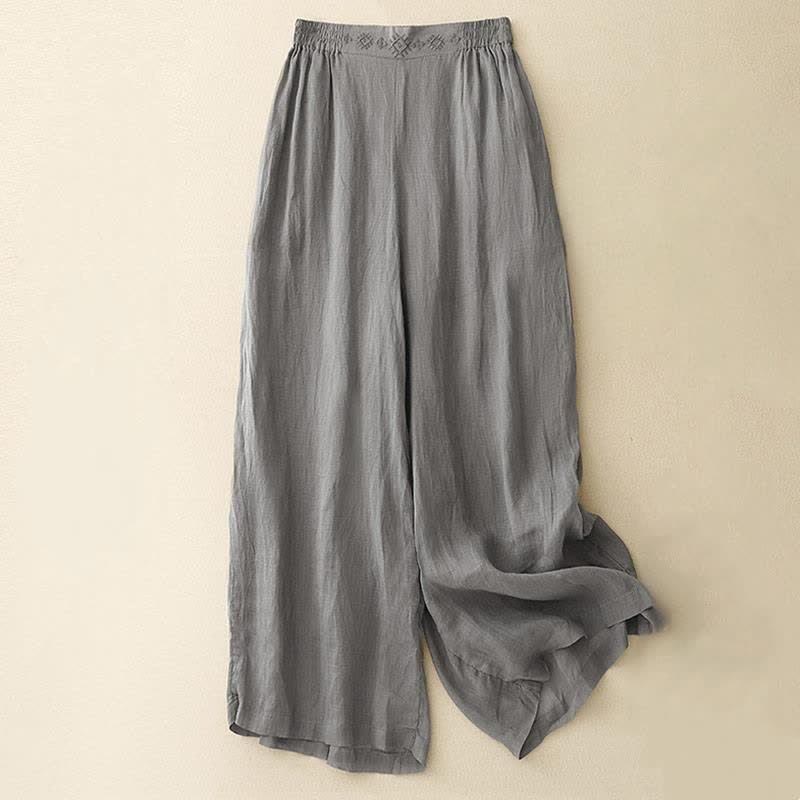 Pantalones anchos de lino y algodón para mujer con cintura elástica y bordado geométrico de Buddha Stones y bolsillos. - Gris - US12, UK/AU16, EU44 (2XL) - image 6