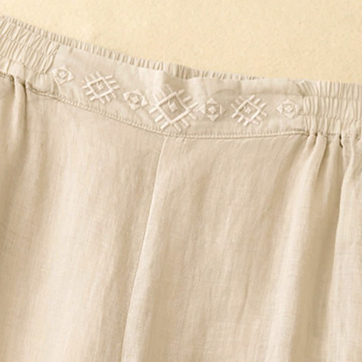 Pantalones anchos de lino y algodón para mujer con cintura elástica y bordado geométrico de Buddha Stones y bolsillos. - image 14