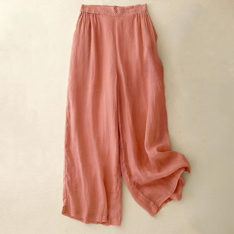 Pantalones anchos de lino y algodón para mujer con cintura elástica y bordado geométrico de Buddha Stones y bolsillos. - Salmón claro - US12, UK/AU16, EU44 (2XL) - image 0