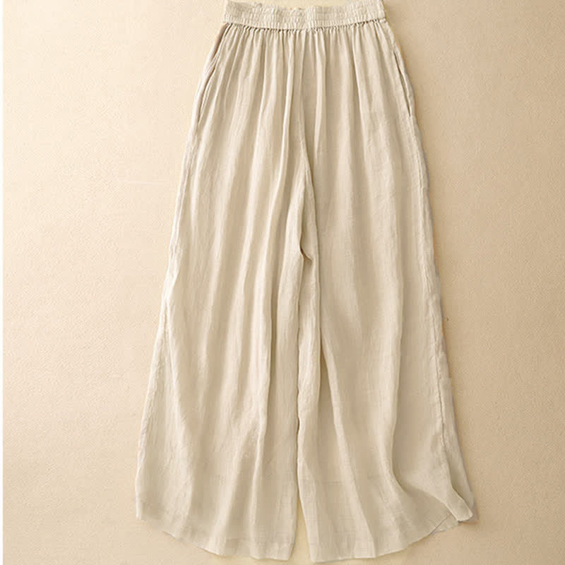Pantalones anchos de lino y algodón para mujer con cintura elástica y bordado geométrico de Buddha Stones y bolsillos. - image 12