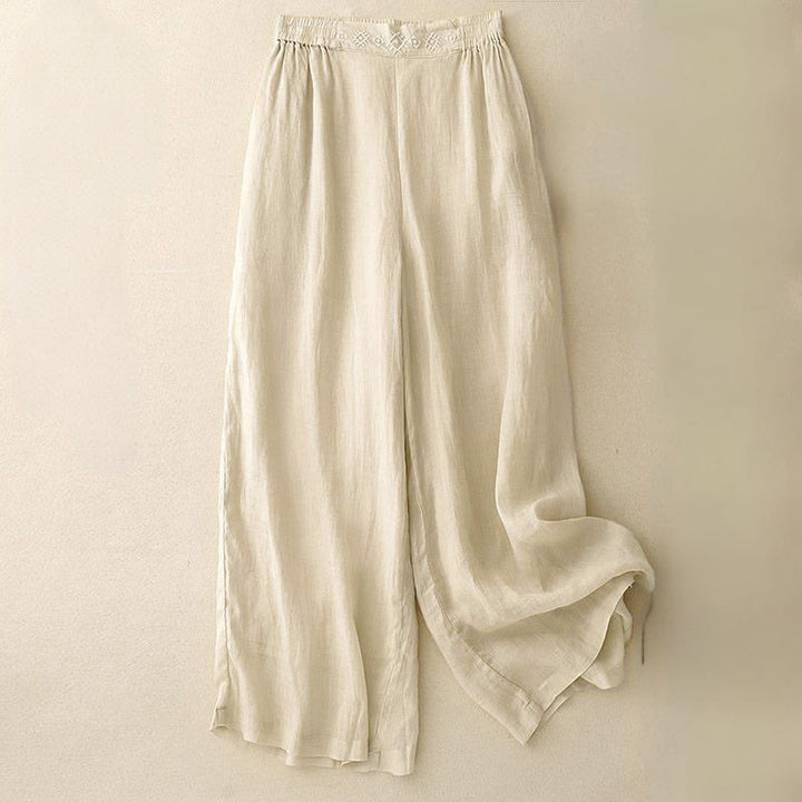 Pantalones anchos de lino y algodón para mujer con cintura elástica y bordado geométrico de Buddha Stones y bolsillos. - Beige - US12, UK/AU16, EU44 (2XL) - image 11