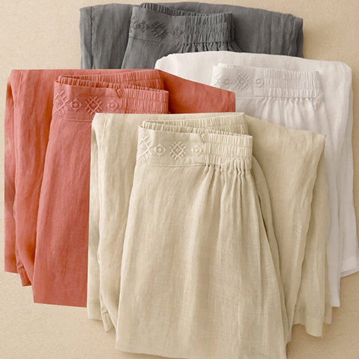 Pantalones anchos de lino y algodón para mujer con cintura elástica y bordado geométrico de Buddha Stones y bolsillos. - image 1
