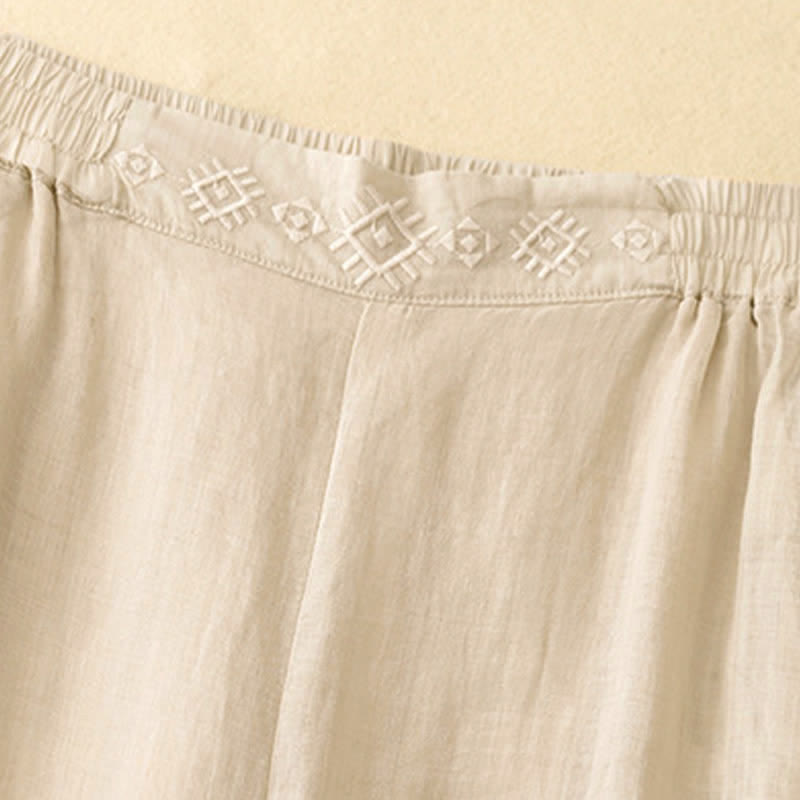 Pantalones anchos de lino y algodón para mujer con cintura elástica y bordado geométrico de Buddha Stones y bolsillos. - image 14