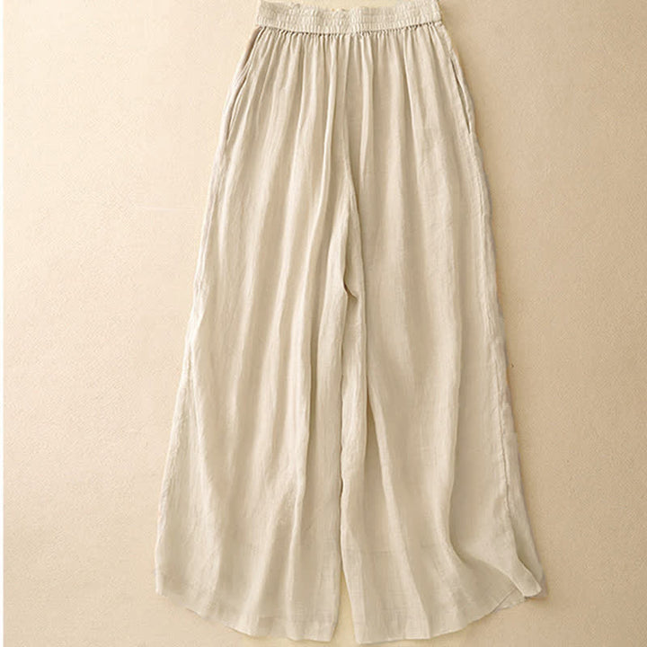 Pantalones anchos de lino y algodón para mujer con cintura elástica y bordado geométrico de Buddha Stones y bolsillos. - image 12