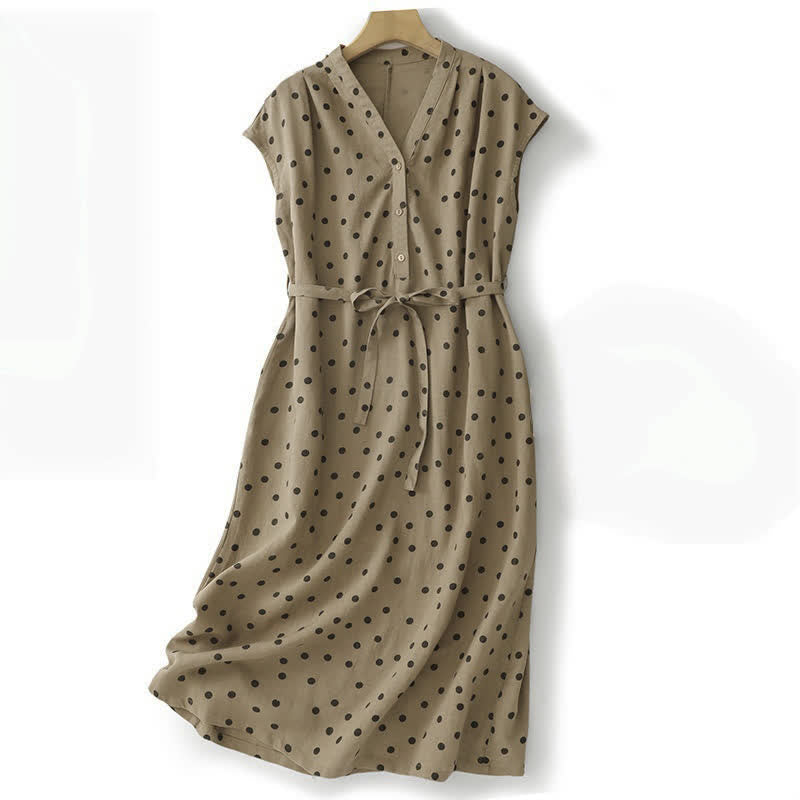 Vestido de mujer de verano con estampado de lunares, escote en V, cordones y largo hasta la rodilla con bolsillos, de Buddha Stones. - Broncearse - US14，UK/AU18，EU46 (2XL) - image 0