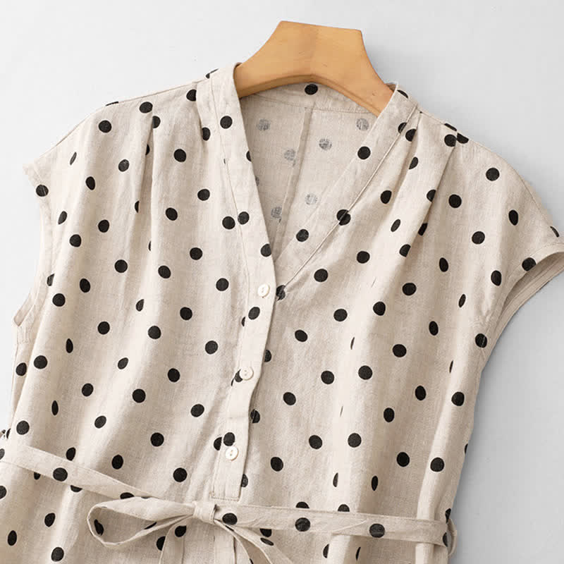 Vestido de mujer de verano con estampado de lunares, escote en V, cordones y largo hasta la rodilla con bolsillos, de Buddha Stones. - image 10