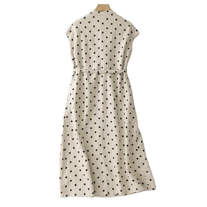 Vestido de mujer de verano con estampado de lunares, escote en V, cordones y largo hasta la rodilla con bolsillos, de Buddha Stones. - image 9