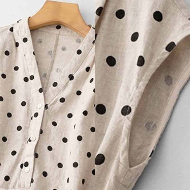 Vestido de mujer de verano con estampado de lunares, escote en V, cordones y largo hasta la rodilla con bolsillos, de Buddha Stones. - image 16