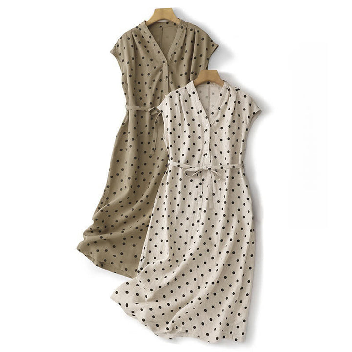 Vestido de mujer de verano con estampado de lunares, escote en V, cordones y largo hasta la rodilla con bolsillos, de Buddha Stones. - image 20