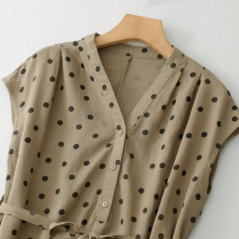 Vestido de mujer de verano con estampado de lunares, escote en V, cordones y largo hasta la rodilla con bolsillos, de Buddha Stones. - image 1