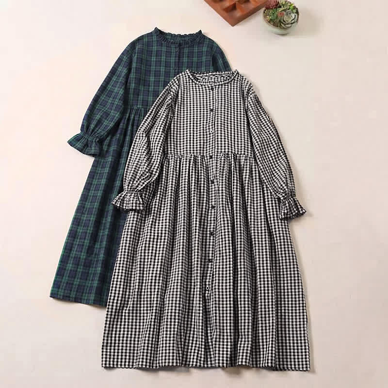 Vestido midi de manga larga con volantes, botones sencillos y bolsillos de Buddha Stones - image 20
